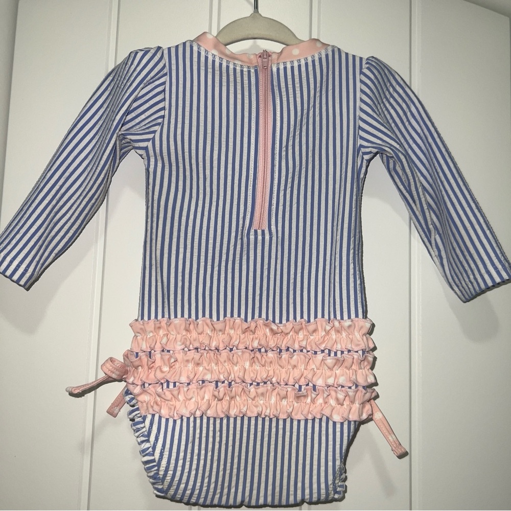 Ruffle Buffs Baby Blue Striped Rash Guard One-Piece Swimsuit Size 6-12 Months - Picture 3 of 5